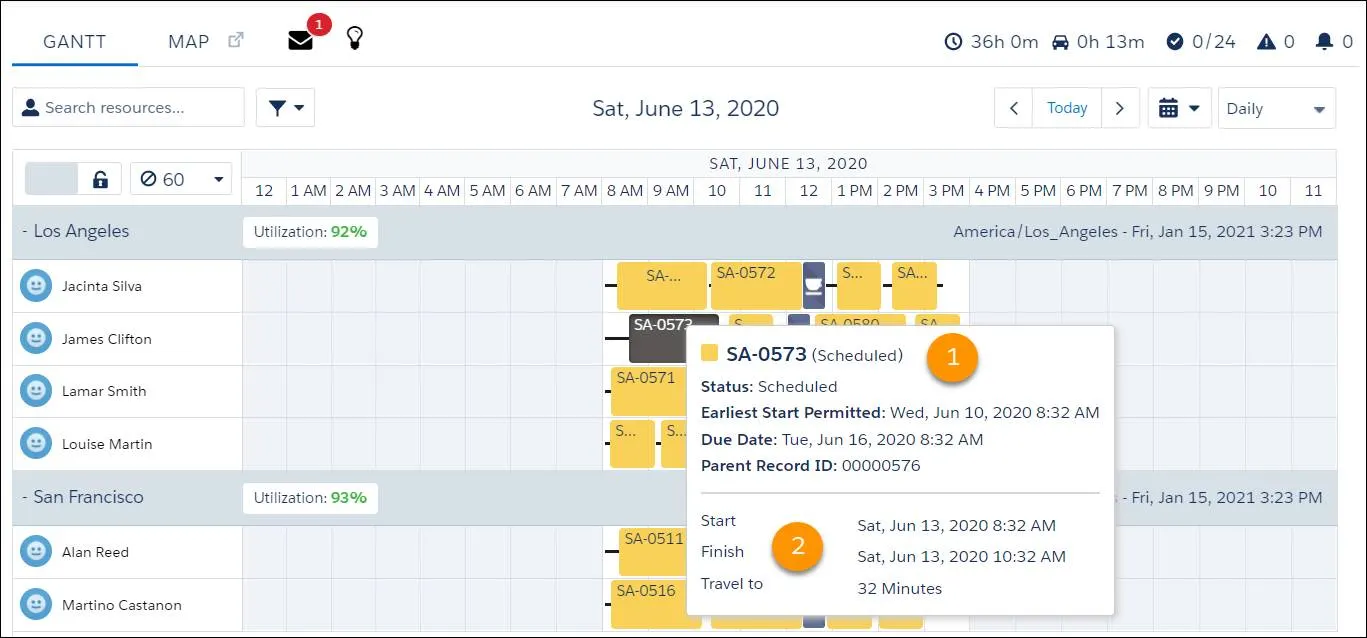 Schedule highlighting James Clifton as the mobile worker, the appointment as a QA Testing, and the time of the appointment.