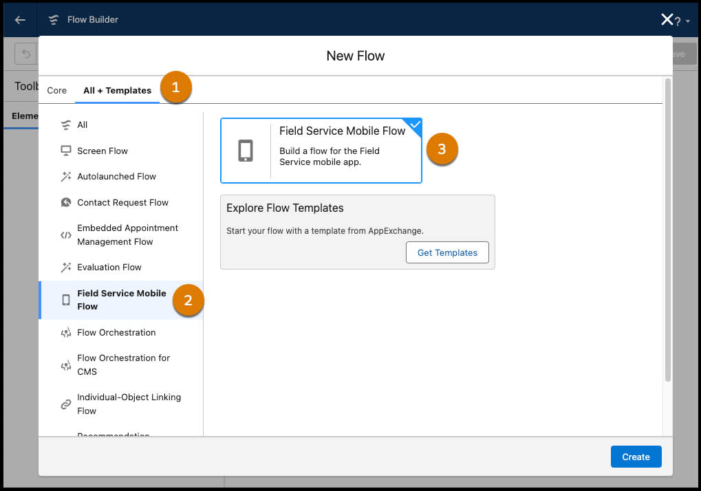 Flow Builder with All + Templates and Field Service Mobile Flow selected.