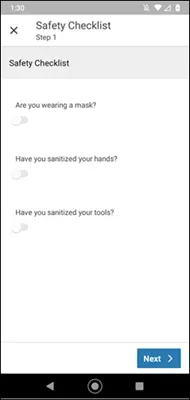 Safety checklist on James’s phone displaying the three checklist items