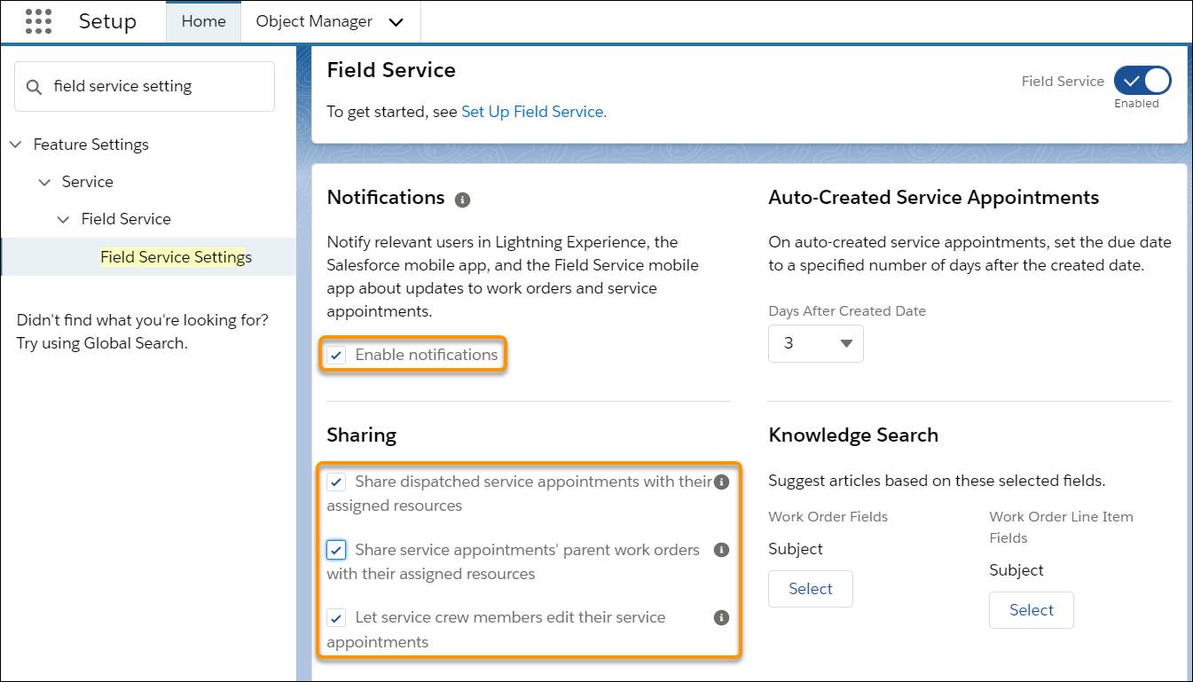 Field Service Setting pane with Enable notifications and Sharing settings selected.