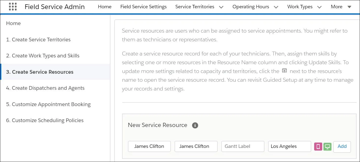 Guided Setup window showing James Clifton as a new service resource in Los Angeles with both licenses selected.