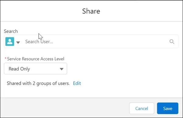 Share dialog with Read Only selected in the Service Resource Access Level field.