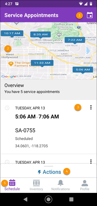 Home screen displaying appointments and map.