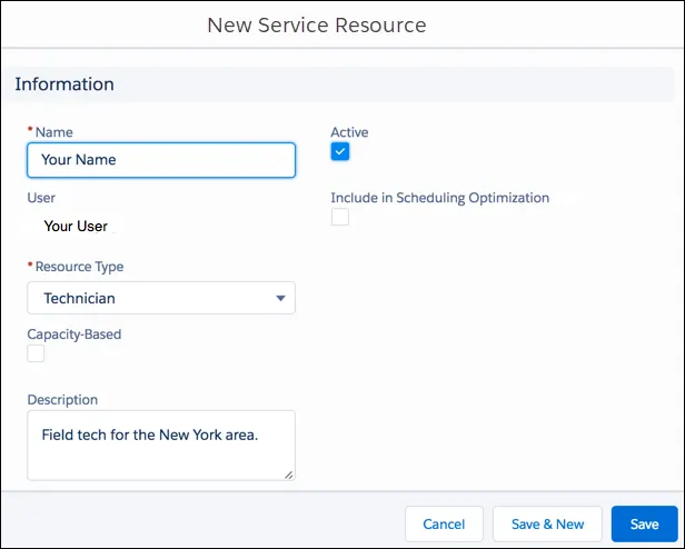 New Service Resource dialog