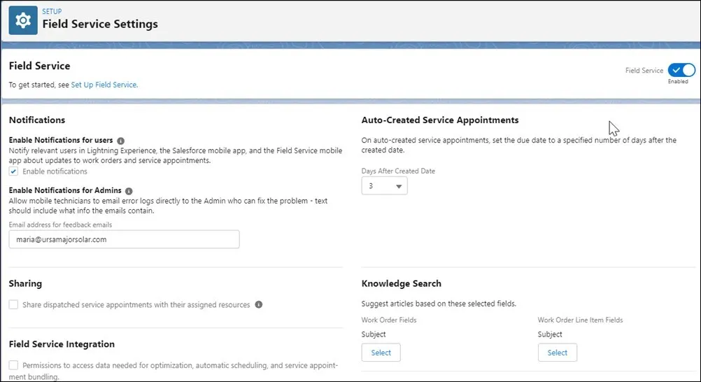 Página Configuración de Field Service después de activar Field Service