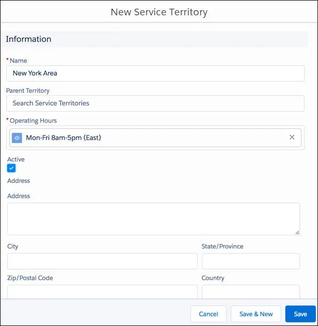 New Service Territory dialog