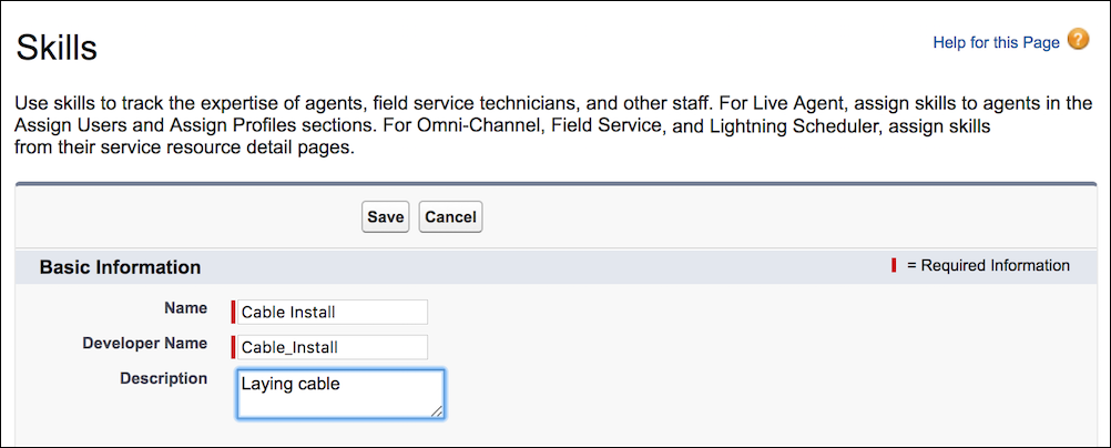 Salesforce Classic のスキルの作成ページ