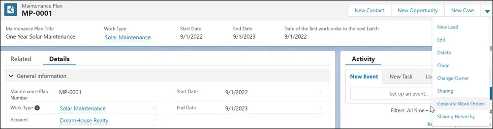 Generate Work Orders selected in the dropdown inside of a maintenance plan named MP-0001.