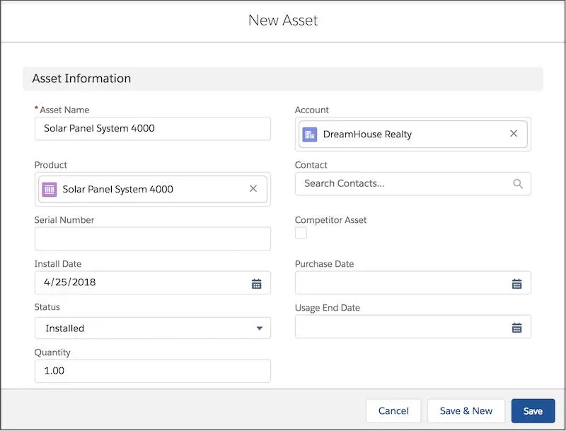 New asset window with fields completed