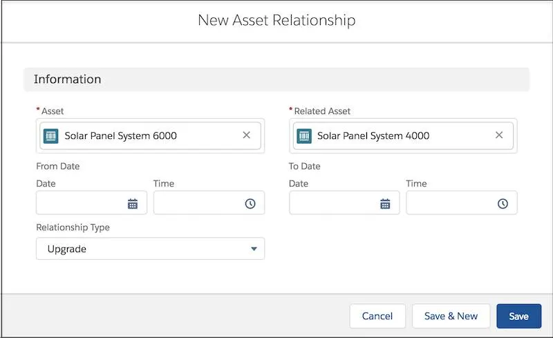 Ventana de nueva relación de activo con campos completados