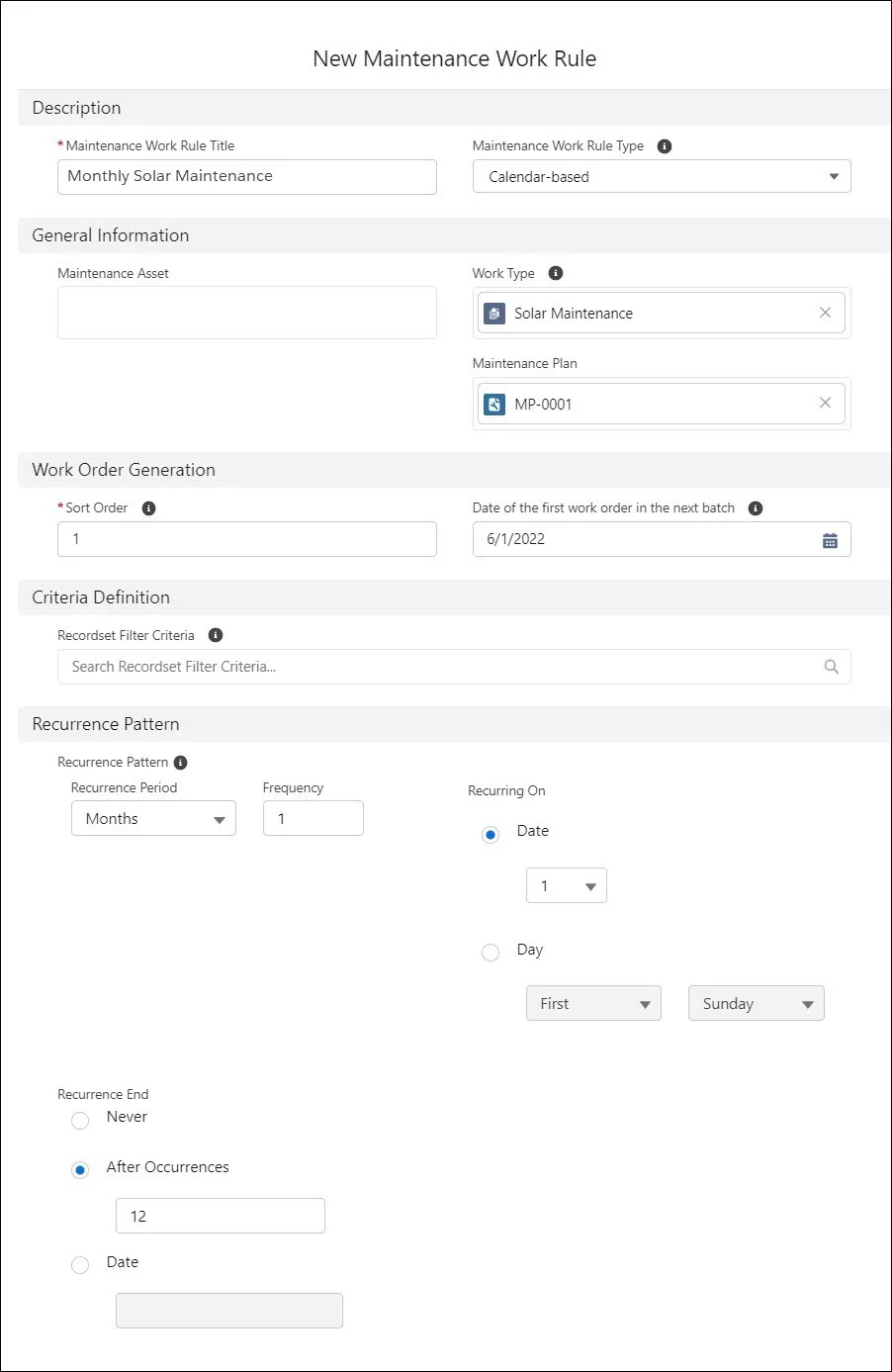 New maintenance work rule dialog with the values filled in.