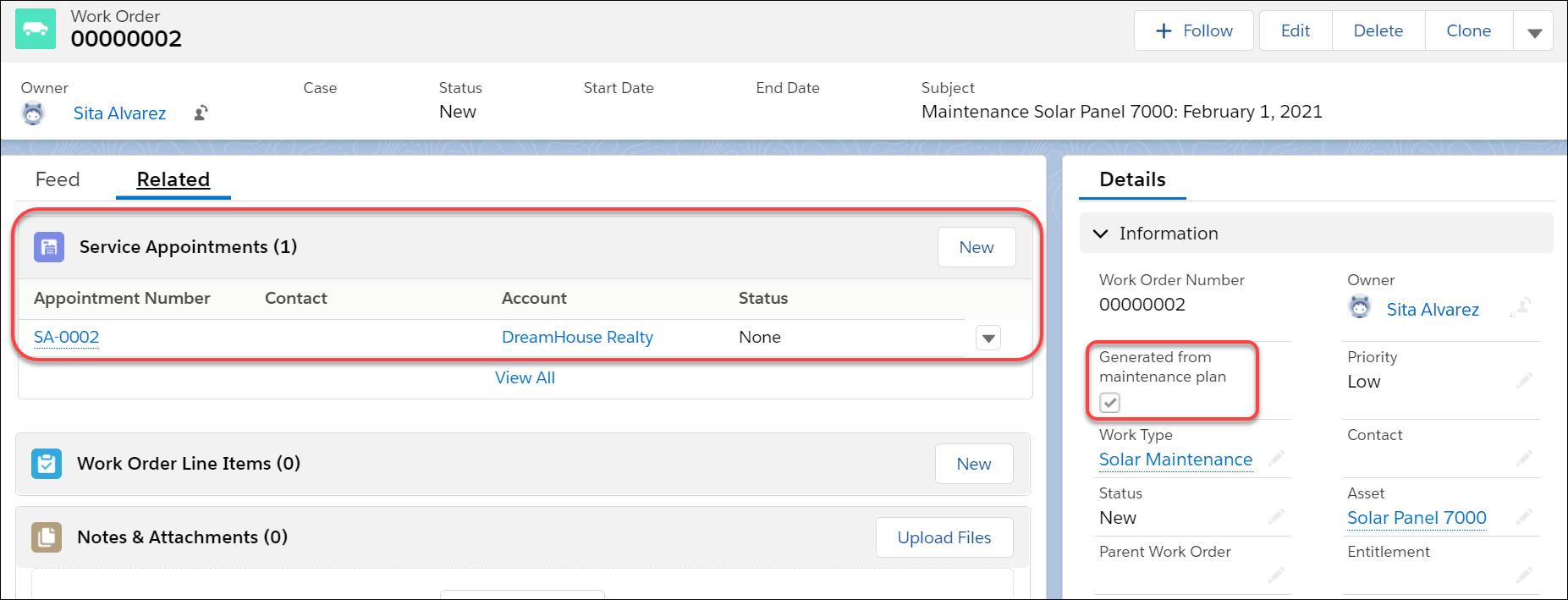 Work order with one service appointment and Generated from maintenance plan selected