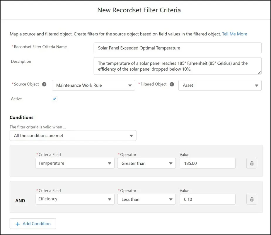 New Recordset Filter Criteria dialogue for a maintenance work rule with conditions set for Temperature greater than 185 and Efficiency less than 0.10.