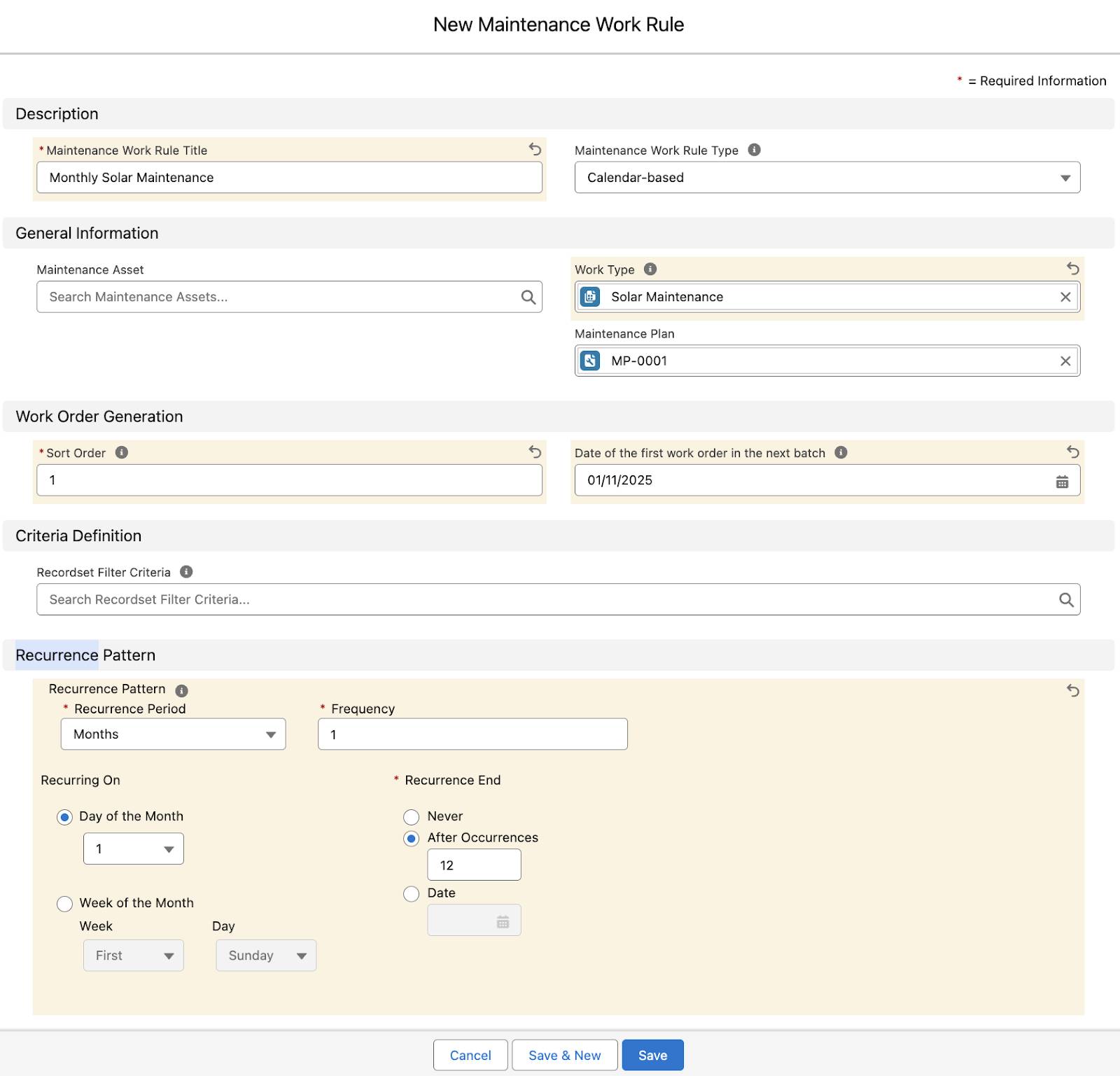 New maintenance work rule dialog with the values filled in.