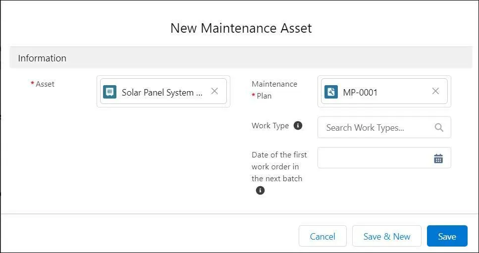 New maintenance asset window with fields completed