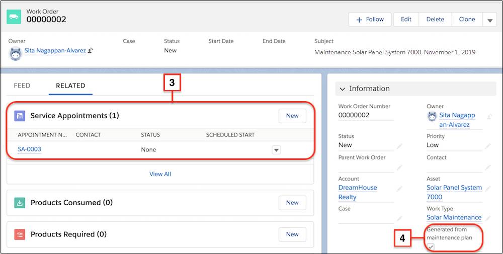 Work order with one service appointment and Generated from maintenance plan selected