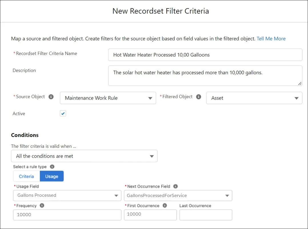 Cuadro de diálogo Nuevos criterios de filtro de conjunto de registros para una regla de trabajo de mantenimiento con condiciones establecidas para el campo de uso galones procesados, con una frecuencia de 10.000.