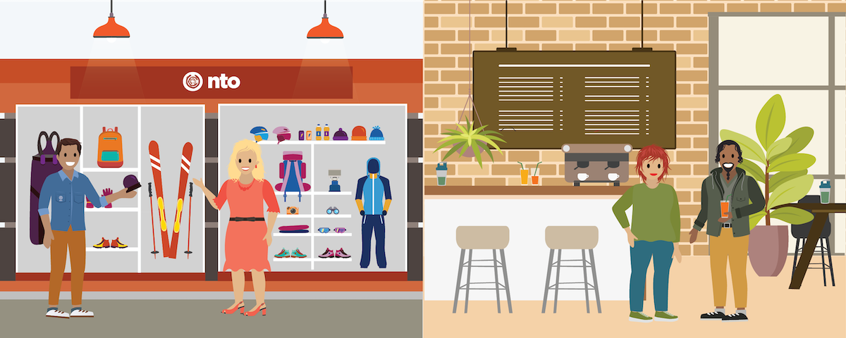 An image showing an NTO store on the left and a Dorjelean Kitchen cafe on the right.