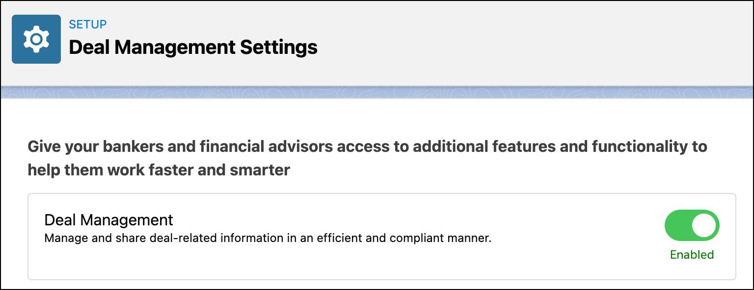 The Deal Management Settings page with Deal Management setting enabled.