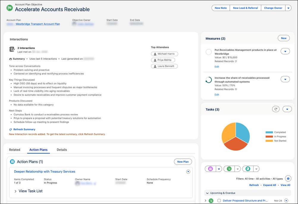 An example account plan objective with measures, an interaction summary, an action plan, and a task chart.