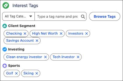 Interest tags for client segment, investing interests, and hobbies.