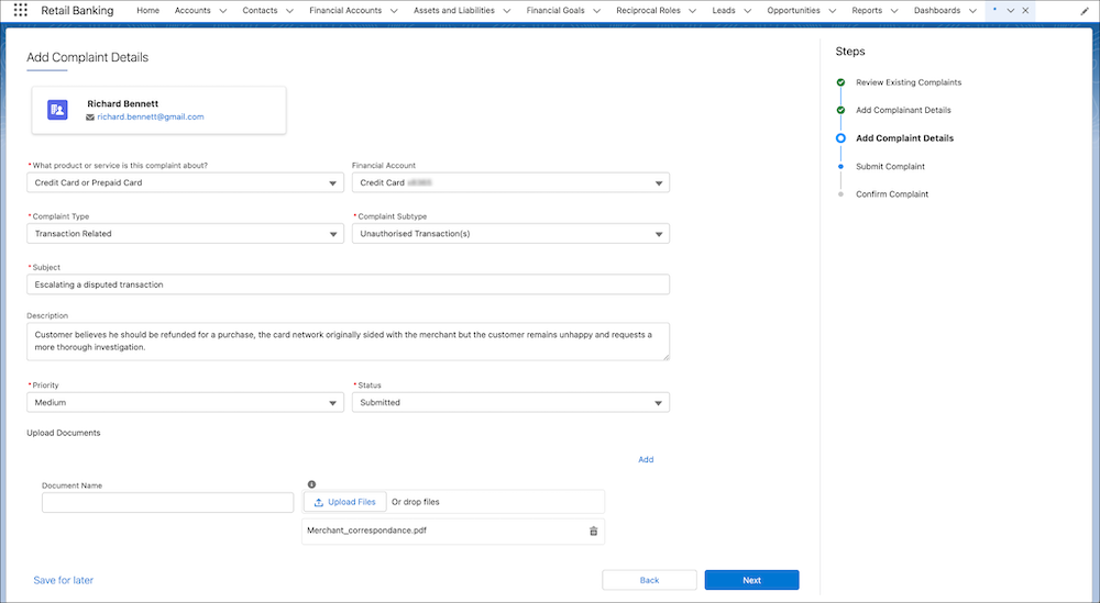 The Add Complaint Details page in the complaint flow.
