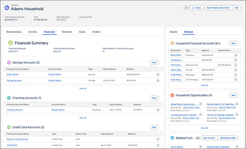 Related lists show savings, checking, and credit card accounts related to a household account.