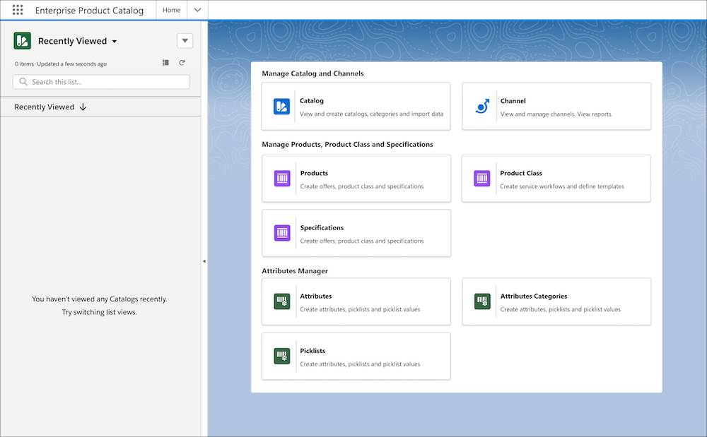 A product catalog page with options to manage the catalog, products, and attributes.