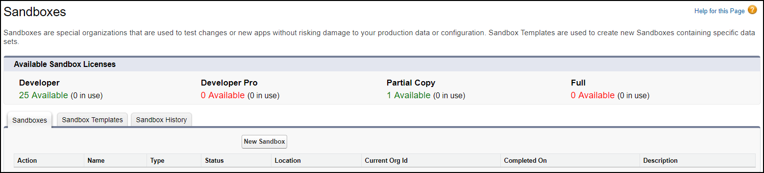 Sandboxes page with 25 available sandbox licenses and a new button.