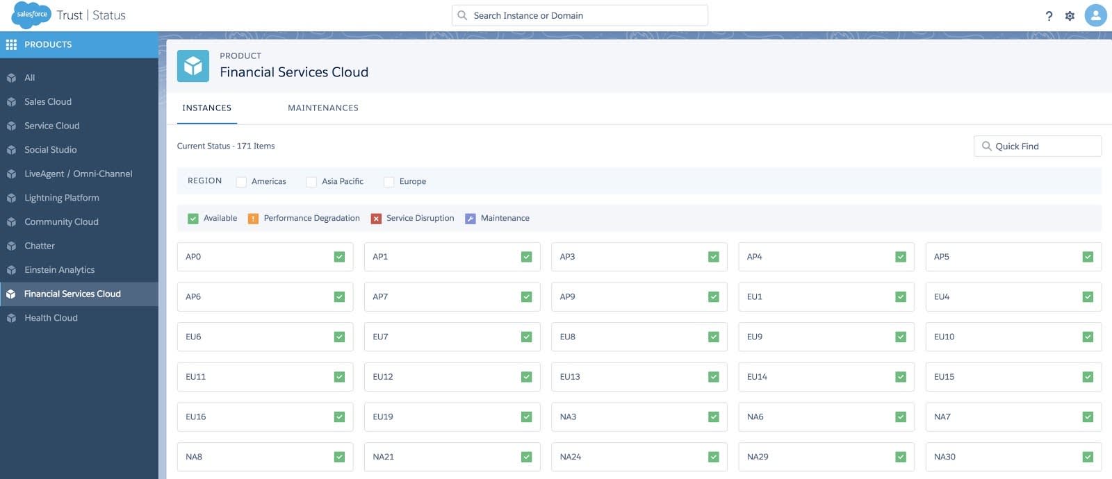 状态和维护页面显示几个Salesforce实例。