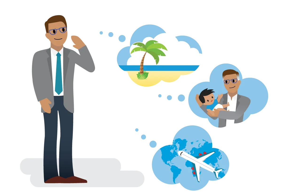 Salesforcelandian imagining retirement—soaking up the sun on a beach, caring for loved one