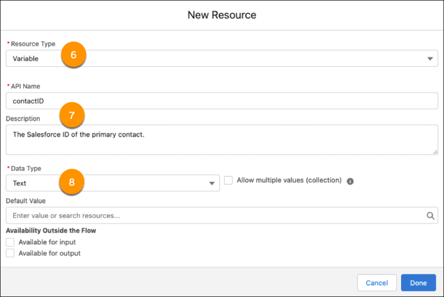 The New Resource window, with options to set the Resource Type, API Name, Description, and Data Type.