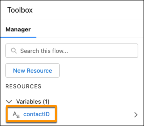 The created contactID variable, found under the Toolbox, in Flow Builder.