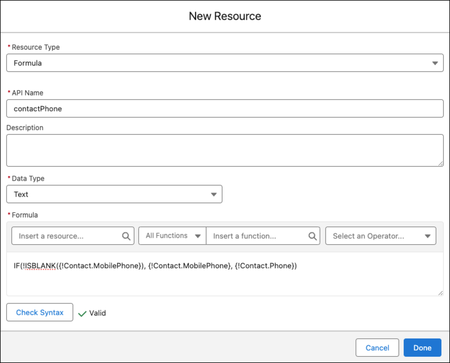 Das Fenster 'New Resource (Neue Ressource)' mit Angaben zur Erstellung einer Formel