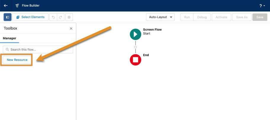 Il pulsante New Resource (Nuova risorsa) all'interno della casella degli strumenti in Flow Builder.