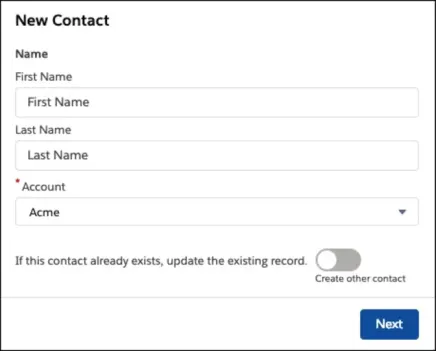 An example flow screen that asks a user to create a new contact.