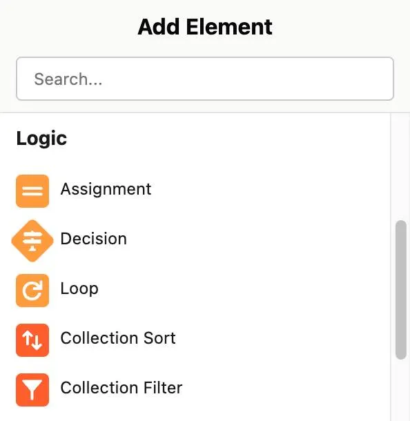 The flow elements in the Logic category: Assignment, Decision, Loop, Collection Sort, and Collection Filter.