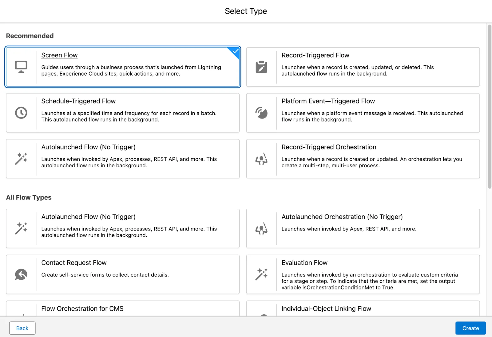 The Select Type window, showing the flow types Screen Flow, Schedule-Triggered Flow, Autolaunched Flow, Record-Triggered Flow, and Platform Event-Triggered Flow.