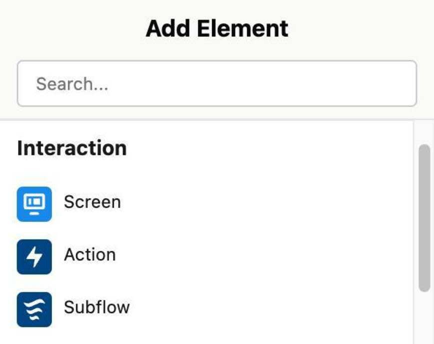 Die Flow-Elemente in der Kategorie 'Interaktion': Bildschirm, Aktion und Subflow.