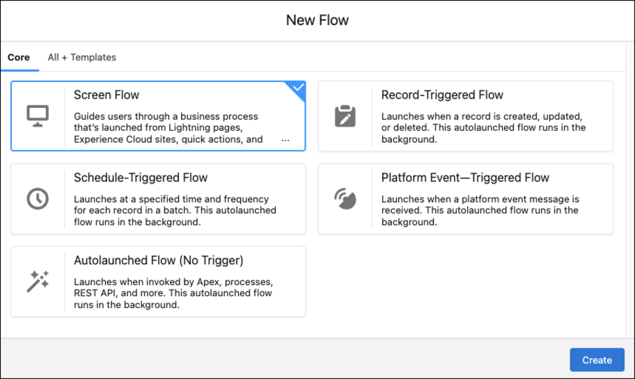 Das Fenster 'Neuer Flow' mit den Flow-Typen 'Bildschirm-Flow', 'Durch Zeitplan ausgelöster Flow', 'Automatisch gestarteter Flow', 'Durch Datensatz ausgelöster Flow' und 'Durch Plattformereignis ausgelöster Flow'