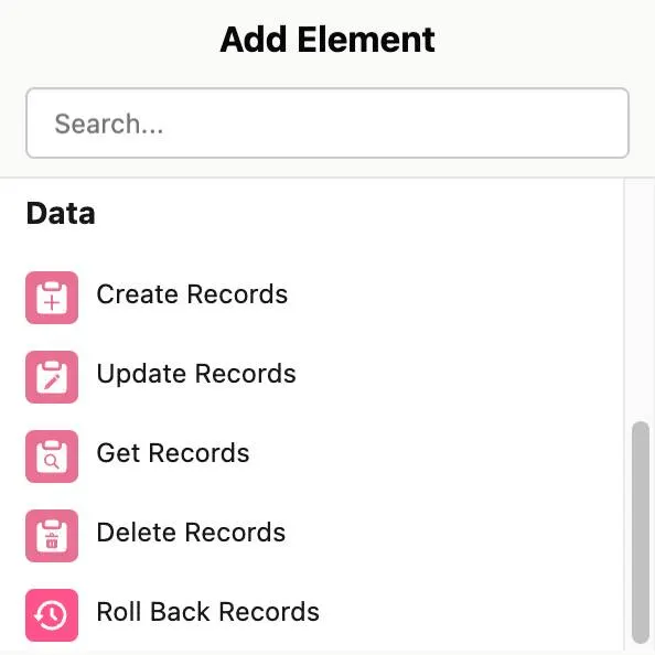 [データ] カテゴリのフロー要素: [レコードを作成]、[レコードを更新]、[Get Records (レコードを取得)]、[レコードを削除]。