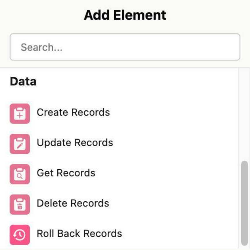 Os elementos de fluxo na categoria Dados: Criar registros, Atualizar registros, Obter registros e Excluir registros.