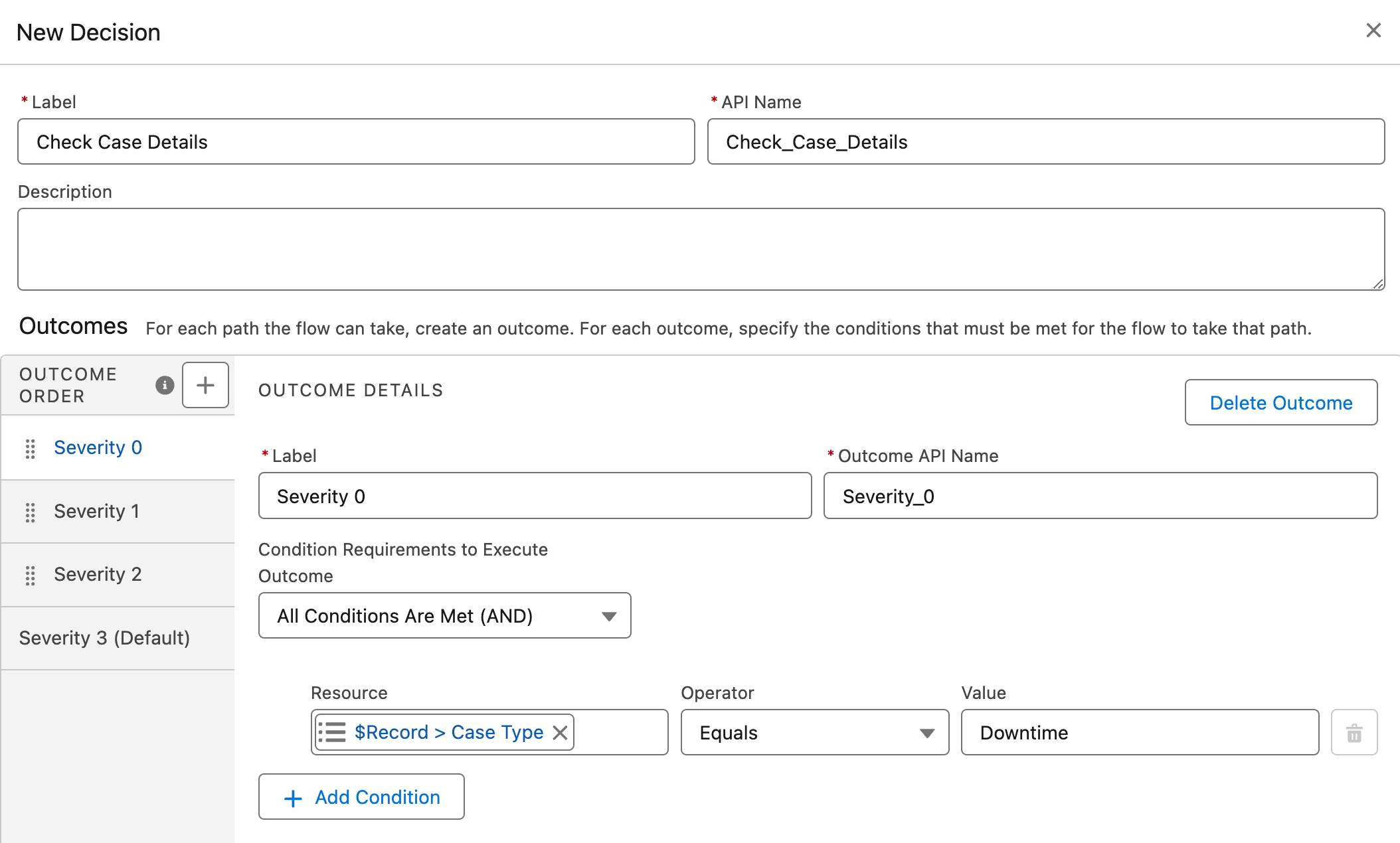 The New Decision side panel with four outcomes corresponding to the requirements: Severity 0, 1, 2, and 3.