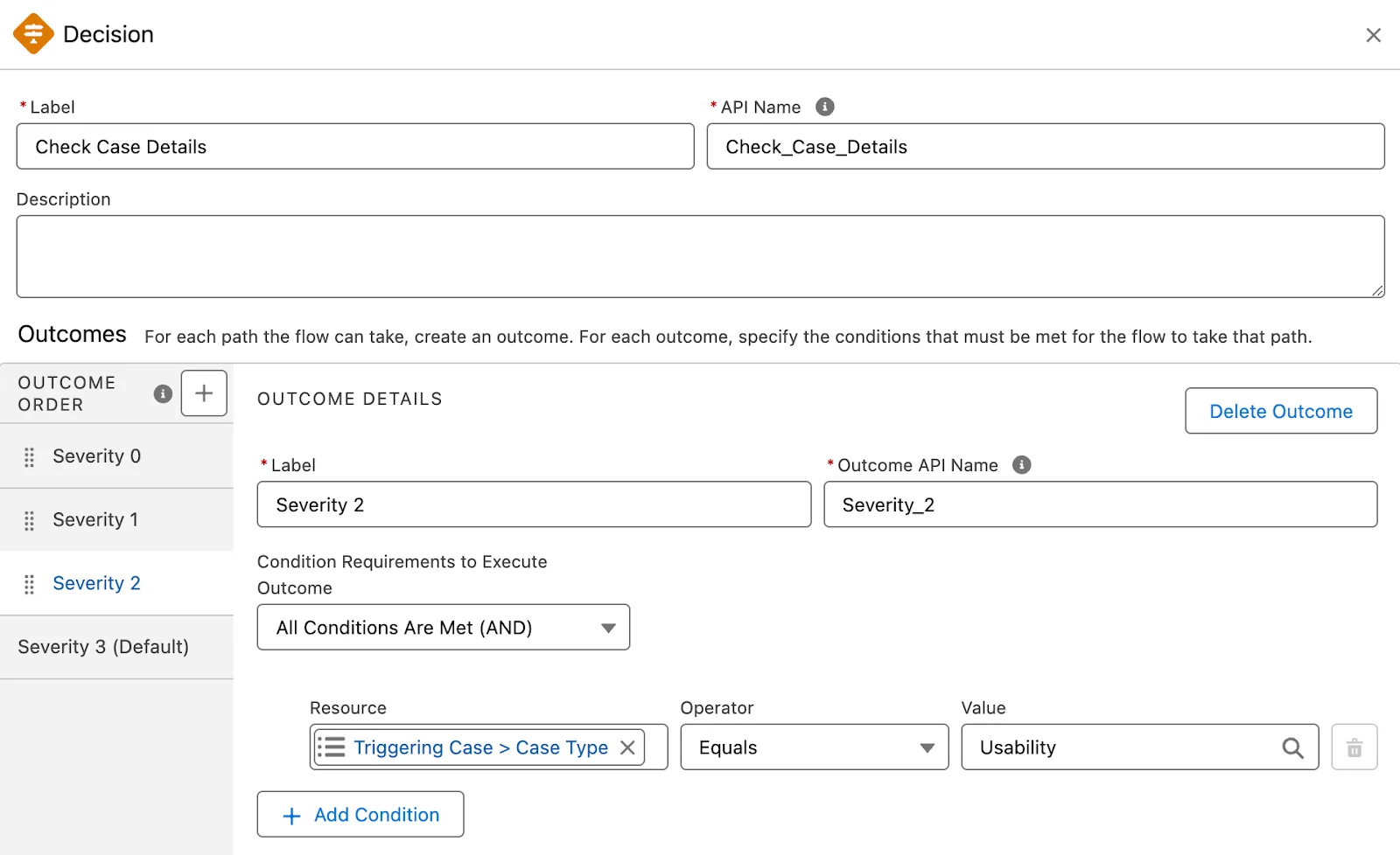 The Decision side panel with four outcomes corresponding to the requirements: Severity 0, 1, 2, and 3.