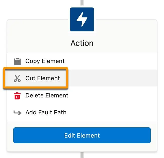 The context menu for a selected element on the canvas includes four commands (Copy Element, Cut Element, Delete Element, Add Fault Path) and an Edit Element button.