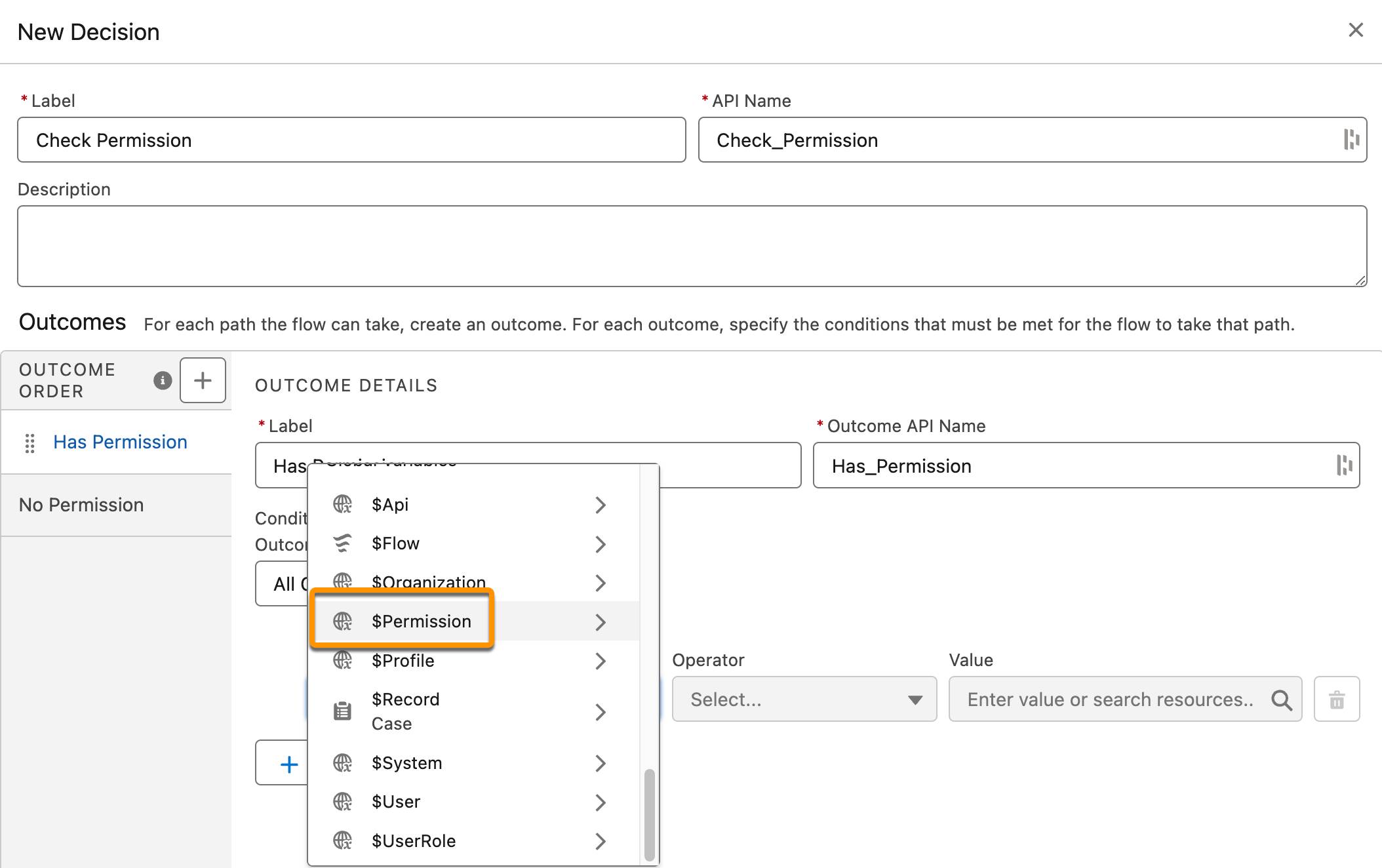 In the New Decision panel's Resource picklist, you can select the $Permission global variable.