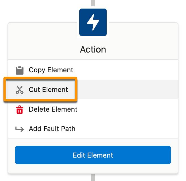 Le menu contextuel d’un élément sélectionné sur la zone de dessin où l’on peut voir quatre commandes (Copy Element [Copier l’élément], Cut Element [Couper l’élément], Delete Element [Supprimer l’élément] et Add Fault Path [Ajouter un chemin de défaut]), ainsi qu’un bouton Edit Element (Modifier l’élément).