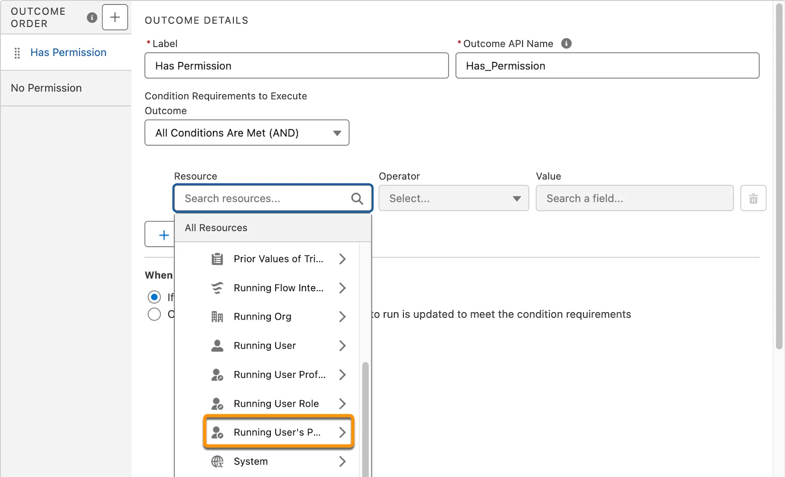 Dans la liste de sélection Resource (Ressource) du panneau Decision (Décision), vous pouvez sélectionner la variable globale Running User’s Permission (Autorisation de l’utilisateur actif).