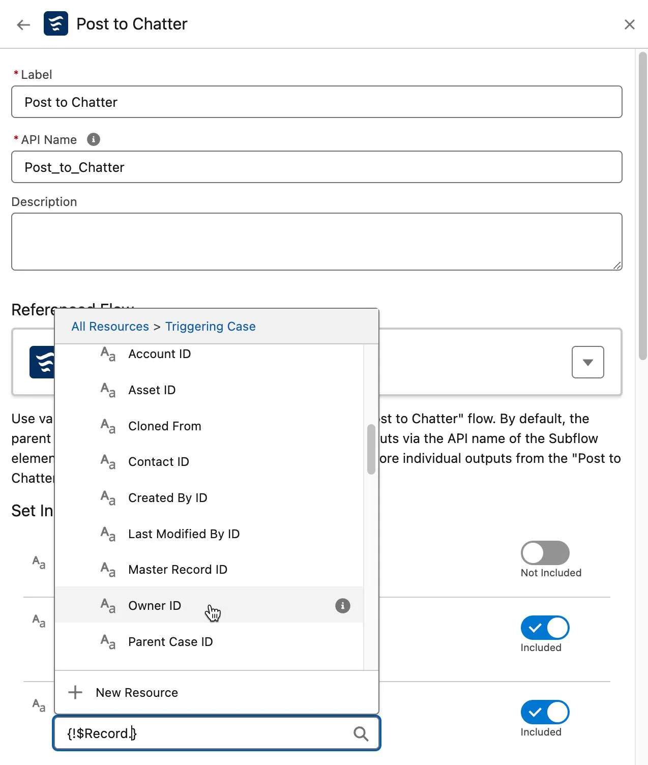 The Subflow panel, selecting Triggering Case then Owner ID in the userMentionID field.