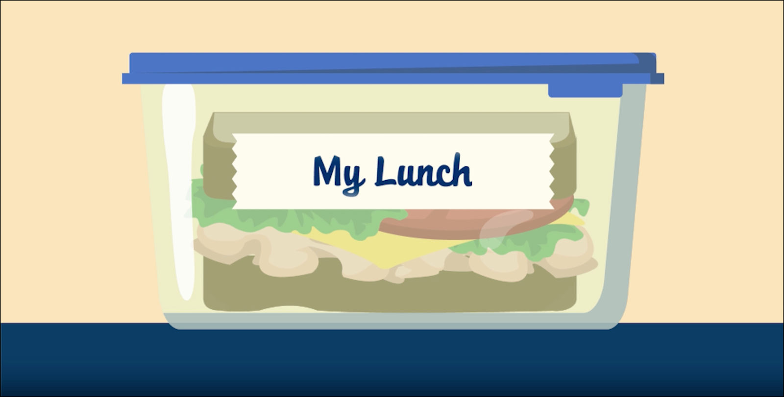 A clear food storage container, with a sandwich inside and a strip of tape on the side with the text My Lunch.